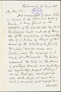John Reuben Thompson, Richmond, VA., autograph letter signed to R. W. Griswold, 28 June 1851