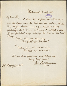 John Reuben Thompson, Richmond, VA., autograph letter signed to R. W. Griswold, 3 July 1851