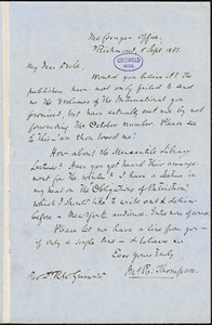 John Reuben Thompson, Messenger Office, Richmond, VA., autograph letter signed to R. W. Griswold, 8 September 1851