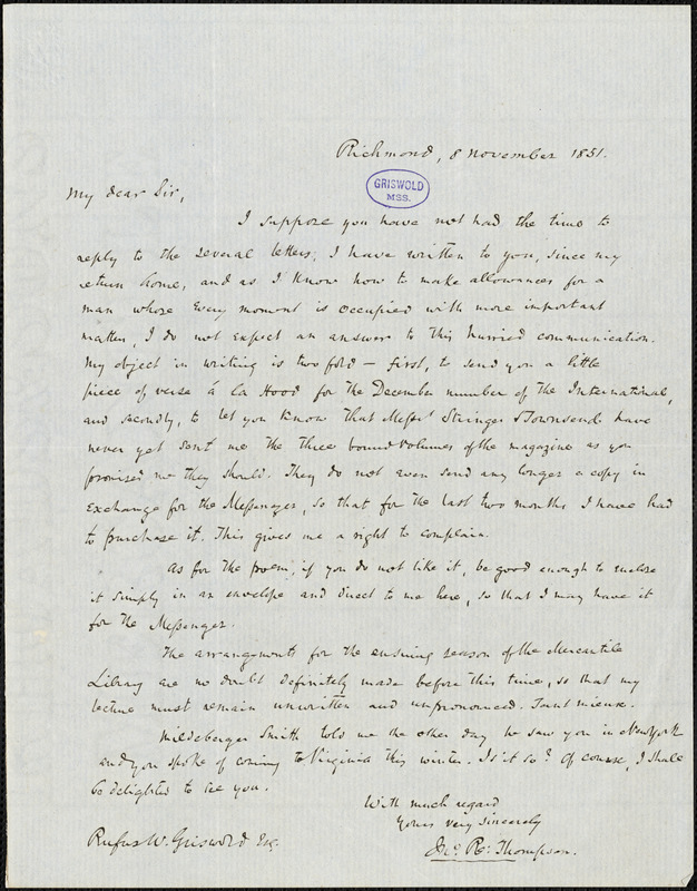 John Reuben Thompson, Richmond, VA., autograph letter signed to R. W. Griswold, 8 November 1851