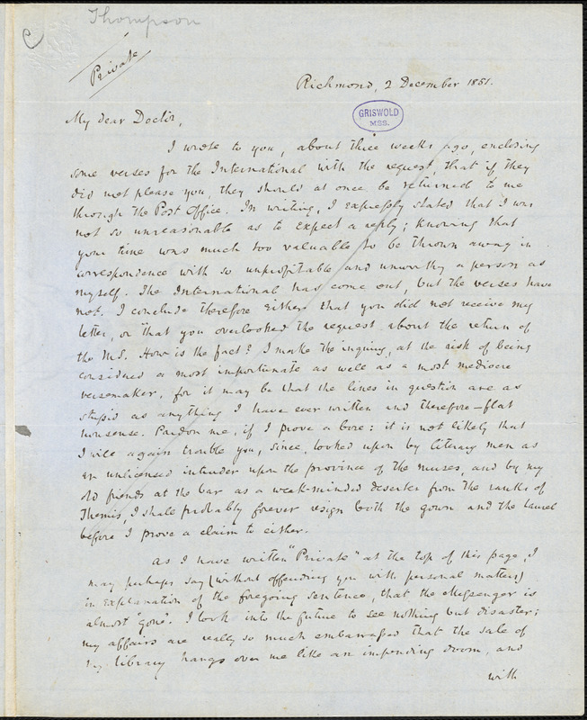 John Reuben Thompson, Richmond, VA., autograph letter signed to R. W. Griswold, 2 December 1851