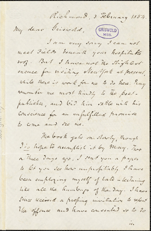 John Reuben Thompson, Richmond, VA., autograph letter signed to R. W. Griswold, 3 February 1854