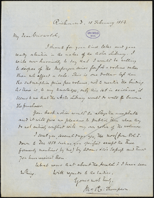John Reuben Thompson, Richmond, VA., autograph letter signed to R. W. Griswold, 18 February 1854