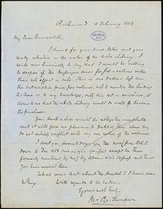 John Reuben Thompson, Richmond, VA., autograph letter signed to R. W. Griswold, 18 February 1854