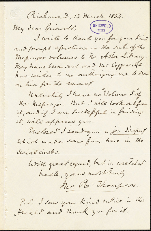 Frederick William Thomas, Richmond, VA., to R. W. Griswold, 13 March 1854