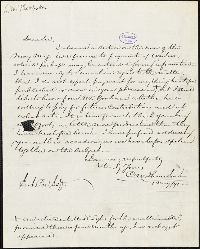 Charles West Thomson autograph letter signed to Edgar Allan Poe, 1 May 1841
