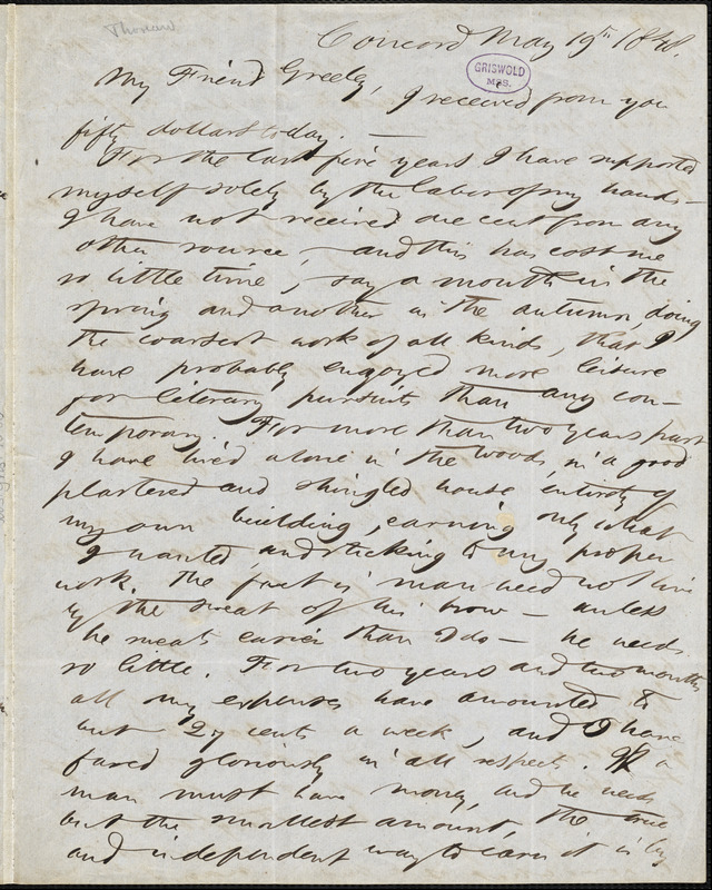 Henry David Thoreau, Concord, MA., autograph letter signed to Horace Greeley, 19 May 1848