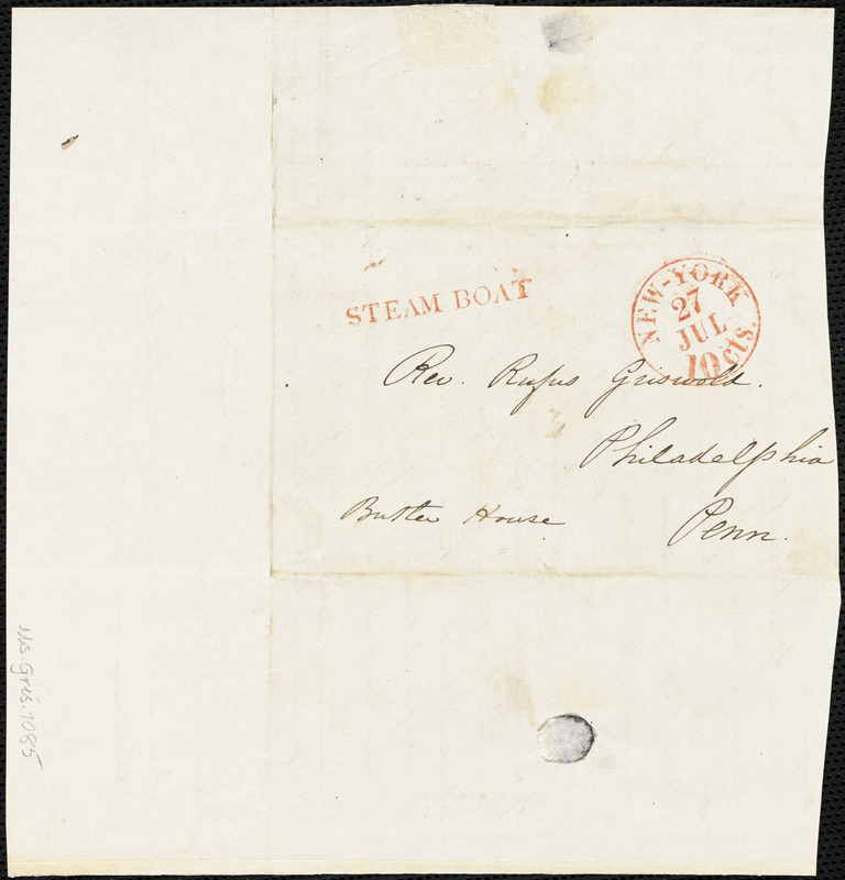 R. Tillinghast, postmarked New York, autograph letter signed to R. W. Griswold