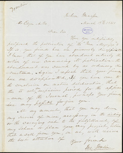 John Tomlin, Jackson, TN., autograph letter signed to Edgar Allan Poe, 13 March 1841