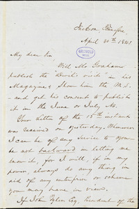 John Tomlin, Jackson, TN., autograph letter signed to Edgar Allan Poe, 30 April 1841