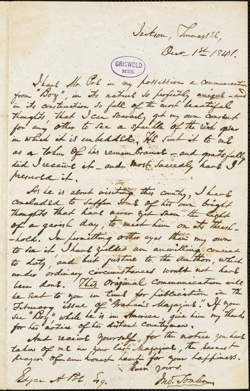 John Tomlin, Jackson, TN., autograph letter signed to Edgar Allan Poe, 1 October 1841