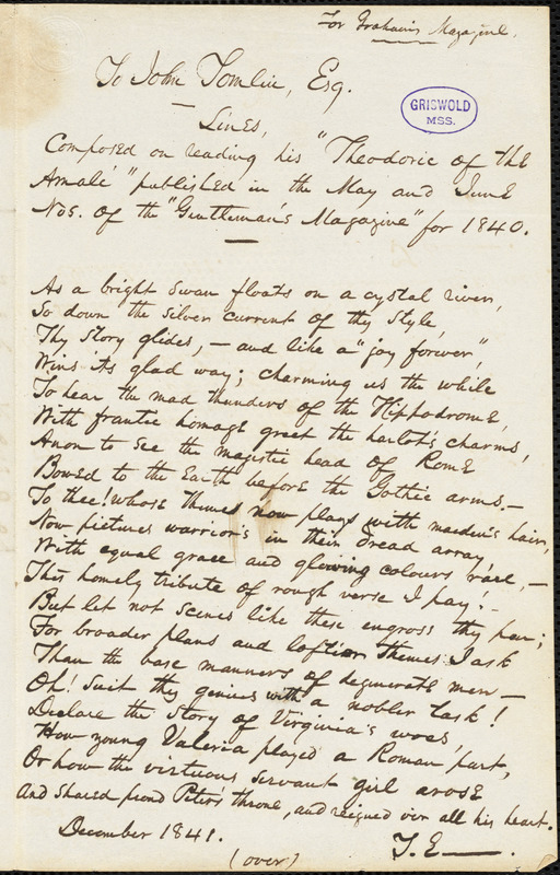 John Tomlin, Jackson, TN., autograph letter signed to Edgar Allan Poe, 12 October 1841