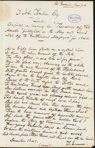 John Tomlin, Jackson, TN., autograph letter signed to Edgar Allan Poe, 12 October 1841
