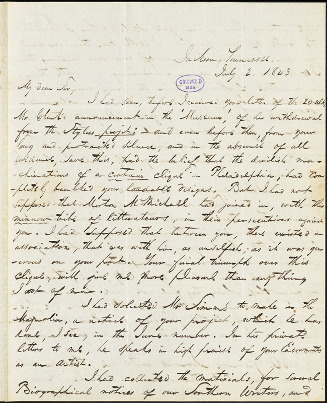 John Tomlin, Jackson, TN., autograph letter signed to Edgar Allan Poe, 2 July 1843
