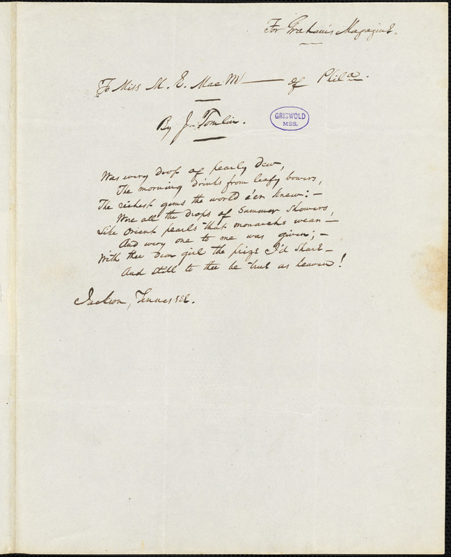 John Tomlin, Jackson, TN., manuscript poem, 24 December: "To Miss M. E. MacM--- of Philadelphia."