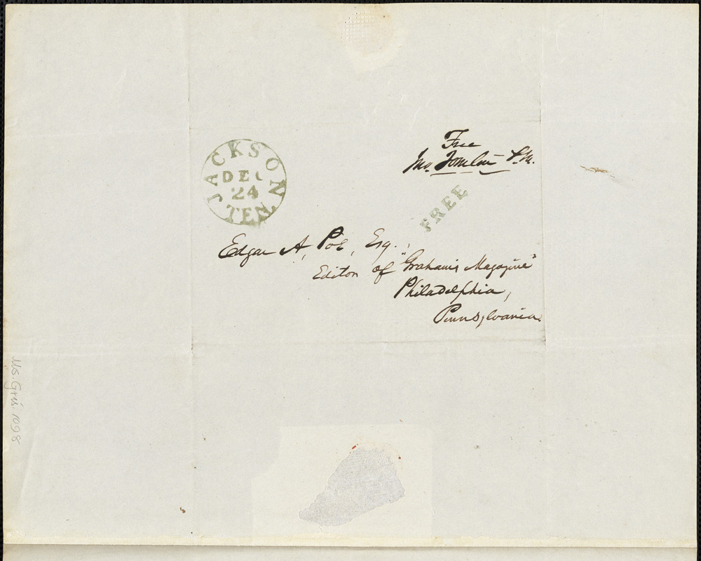 John Tomlin, Jackson, TN., manuscript poem, 24 December: "To Miss M. E. MacM--- of Philadelphia."