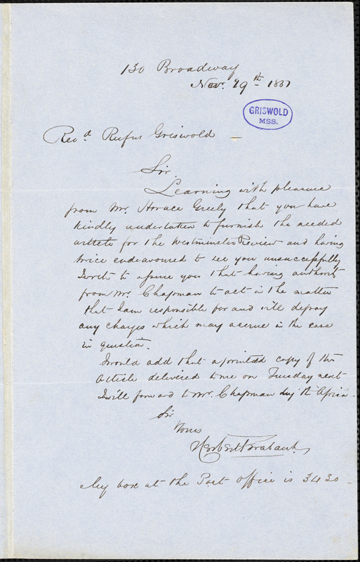 Herbert Trabault, 130 Broadway, New York, NY., autograph letter signed to R. W. Griswold, 29 November 1851