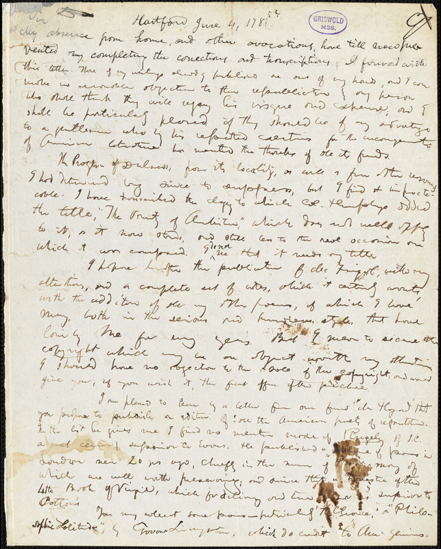 John Trumbull, Hartford, CT., autograph letter signed to Mathew Carey, 4 June 1785