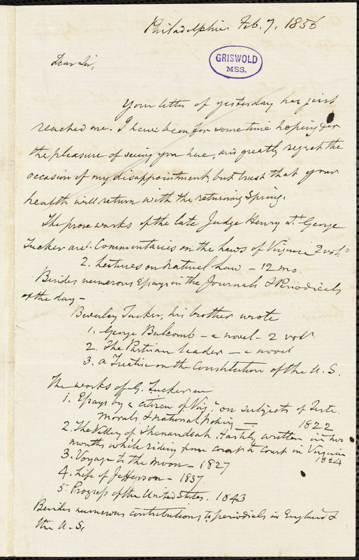George Tucker, Baltimore, MD., autograph letter signed to R. W. Griswold, 2 June 1855