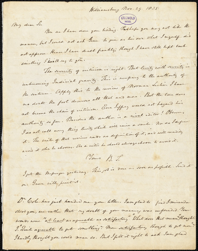 Nathaniel Beverley Tucker, Williamsburg, VA., autograph letter signed to Thomas W. White, 29 November 1835