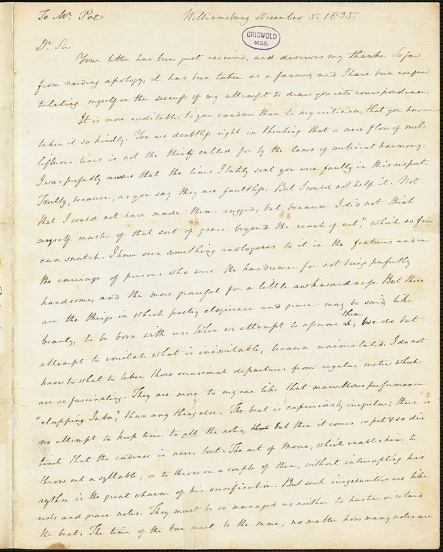 Nathaniel Beverley Tucker, Williamsburg, VA., autograph letter signed to Edgar Allan Poe, 5 December 1835