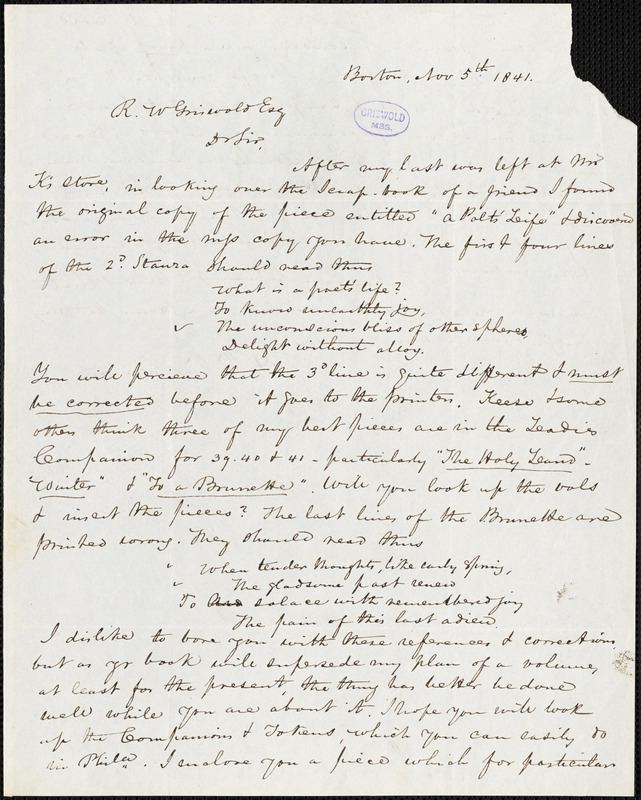 Henry Theodore Tuckerman, Boston, MA., autograph letter signed to R. W. Griswold, 5 November 1841