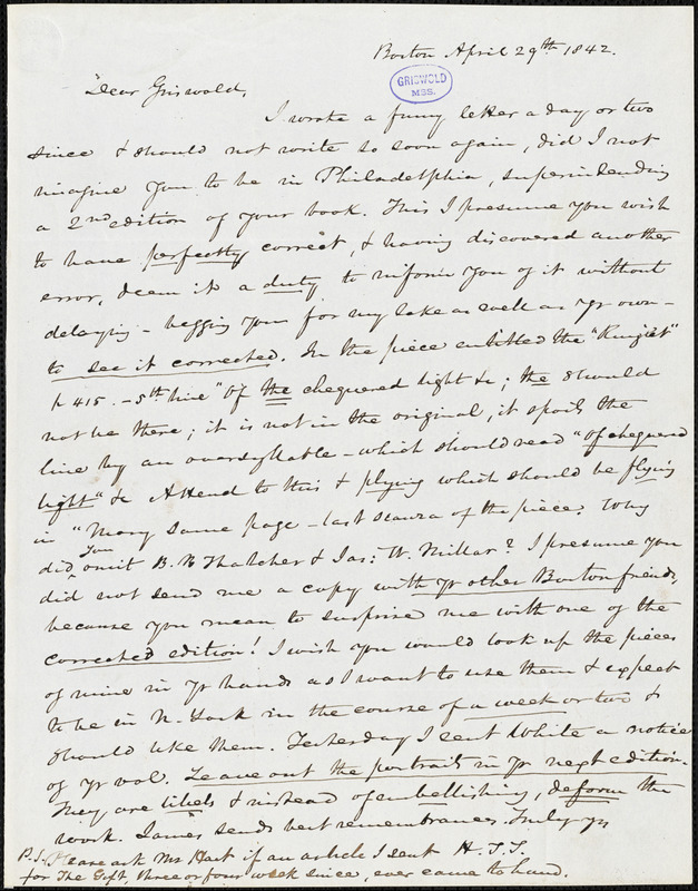 Nathaniel Beverley Tucker, Boston, MA., autograph letter signed to R. W. Griswold, 29 April 1842
