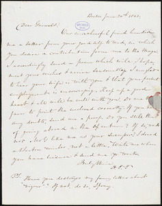 Nathaniel Beverley Tucker, Boston, MA., autograph letter signed to R. W. Griswold, 24 June 1842