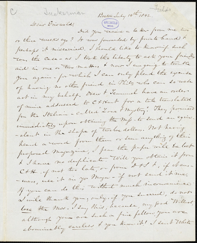 Nathaniel Beverley Tucker, Boston, MA., autograph letter signed to R. W. Griswold, 14 July 1842