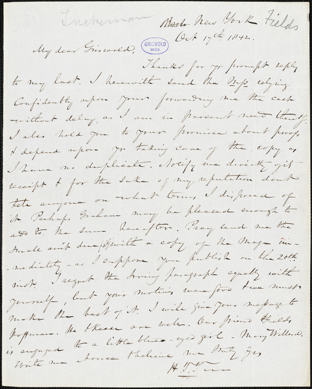 Nathaniel Beverley Tucker, New York, autograph letter signed to R. W. Griswold, 17 October 1842