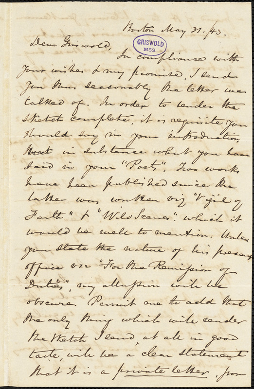 Nathaniel Beverley Tucker, Boston, MA., autograph letter signed to R. W. Griswold, 31 May 1843
