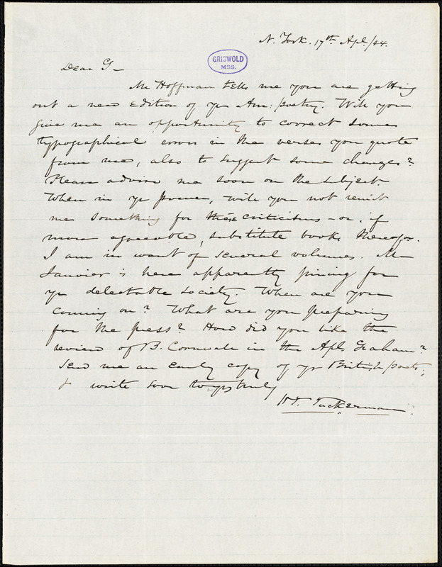 Nathaniel Beverley Tucker, New York, autograph letter signed to R. W. Griswold, 17 April 1844