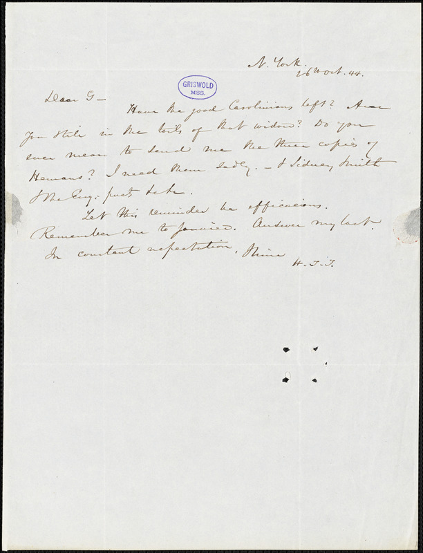 Nathaniel Beverley Tucker, New York, autograph letter signed to R. W. Griswold, 26 October 1844