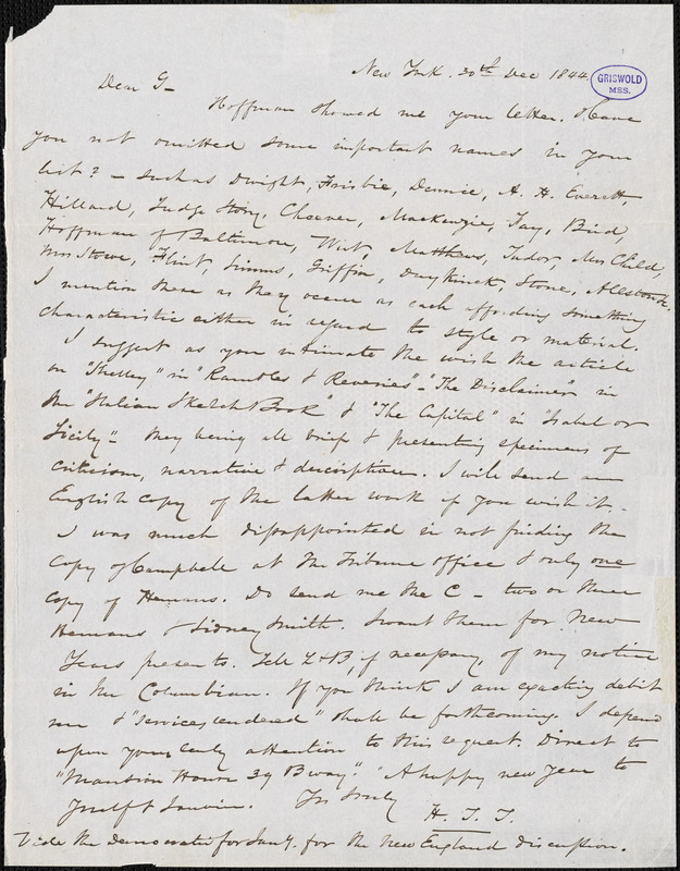 Nathaniel Beverley Tucker, New York, autograph letter signed to R. W. Griswold, 30 December 1844