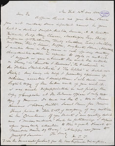 Nathaniel Beverley Tucker, New York, autograph letter signed to R. W. Griswold, 30 December 1844