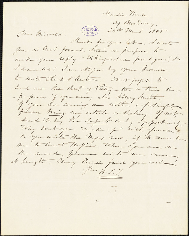 Nathaniel Beverley Tucker, 39 Broadway, (New York?), autograph letter signed to R. W. Griswold, 24 March 1845