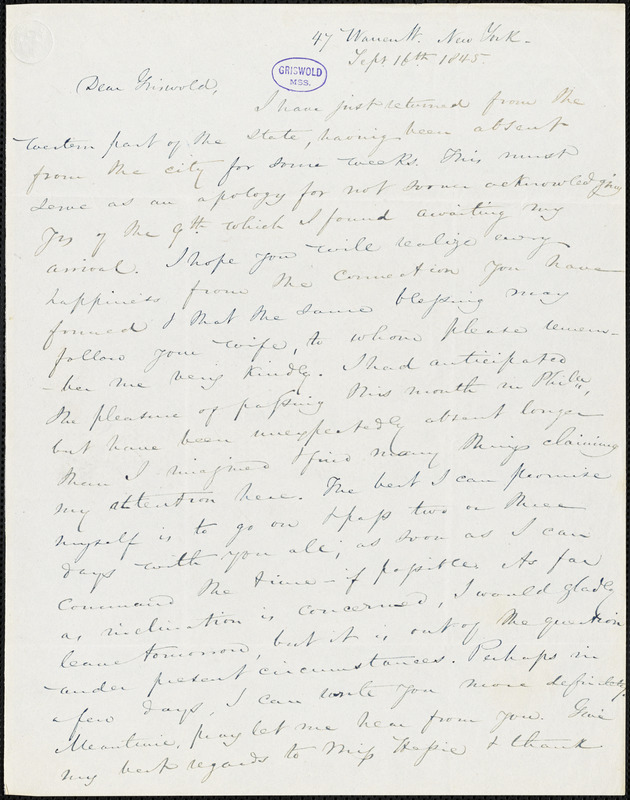 Nathaniel Beverley Tucker, 47 Warren St., New York, autograph letter signed to R. W. Griswold, 16 September 1845