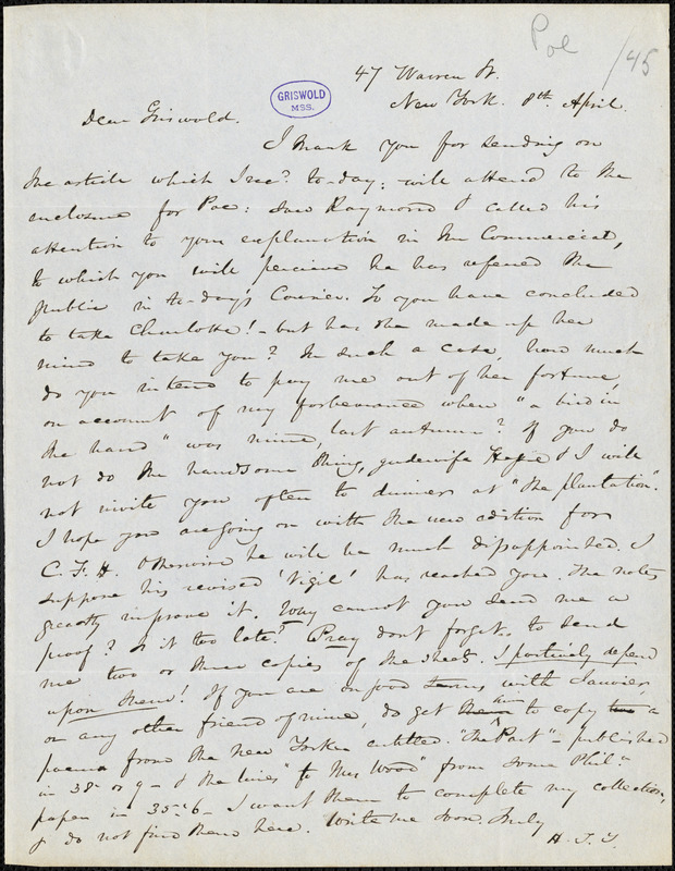 Nathaniel Beverley Tucker, 47 Warren St., New York, to R. W. Griswold, 8 April