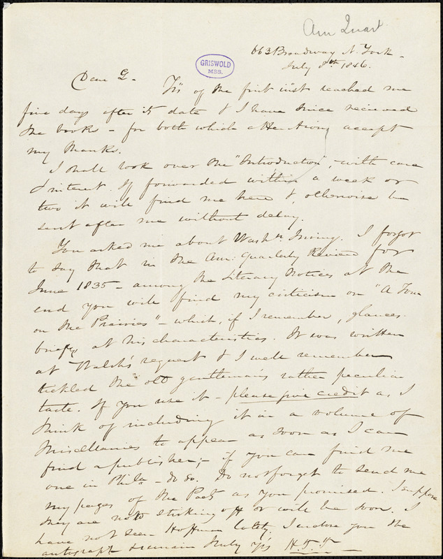 Nathaniel Beverley Tucker, New York, autograph letter signed to R. W. Griswold, 8 July 1846