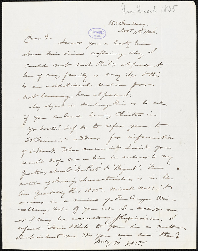 Nathaniel Beverley Tucker, 663 Broadway, (New York), to R. W. Griswold, 11 November 1846