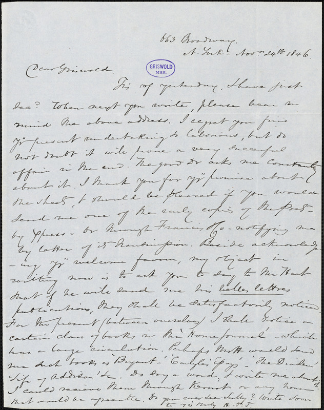 Nathaniel Beverley Tucker, New York, autograph letter signed to R. W. Griswold, 24 November 1846