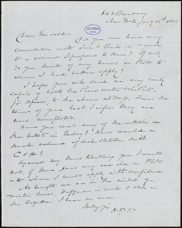 Nathaniel Beverley Tucker, New York, autograph letter signed to R. W. Griswold, 12 January 1847