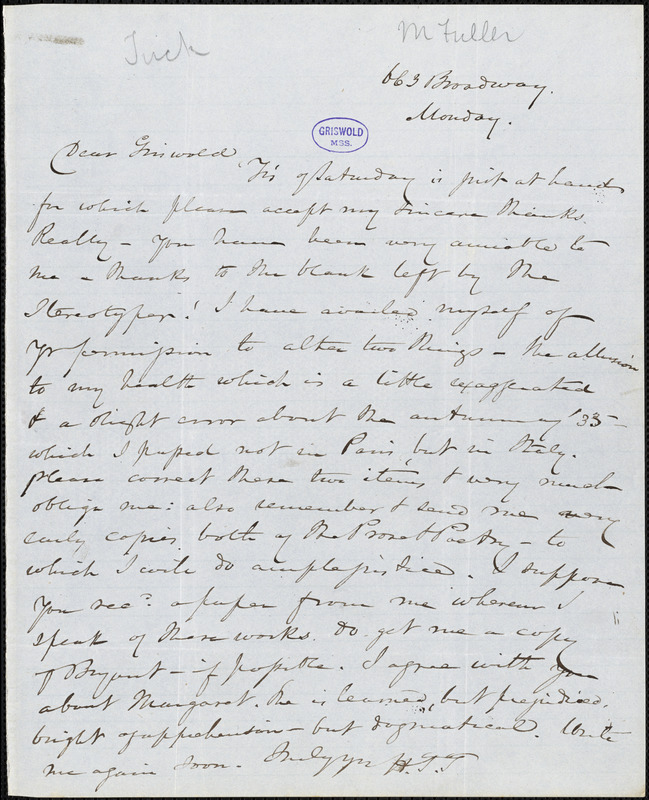 Nathaniel Beverley Tucker, 663 Broadway, (New York), autograph letter signed to R. W. Griswold