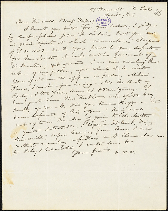 Nathaniel Beverley Tucker, New York, autograph letter signed to R. W. Griswold and Miss Hessie [Myers]