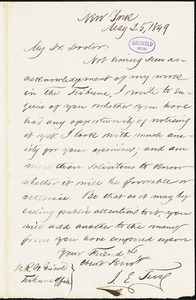 John E. Tuel, New York, autograph letter signed to R. W. Griswold, 25 May 1849