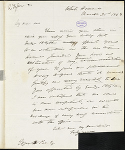 Robert Tyler, White House, (Washington, DC), autograph letter signed to Edgar Allan Poe, 31 March 1843