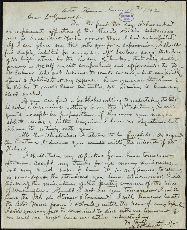 M[ann] S[atterwhite] Valentine Jr., Astor House, (New York?), autograph letter signed to R. W. Griswold, 14 January 1852