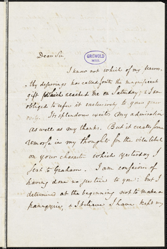 Horace Binney Wallace, Philadelphia, PA., autograph letter signed to [R. W. Griswold?], 29 October 1845