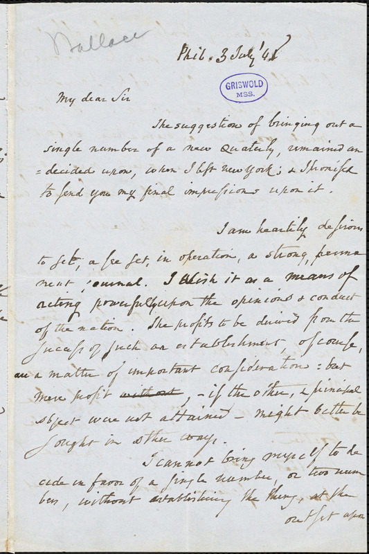 Horace Binney Wallace, Philadelphia, PA., autograph letter signed, 3 July 1848