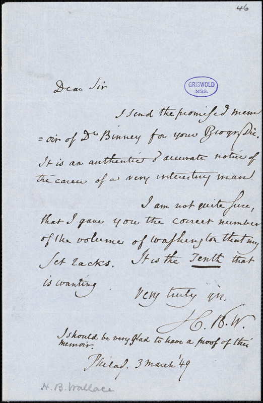 Horace Binney Wallace, Philadelphia, PA., autograph letter signed to R. W. Griswold, 3 March 1849